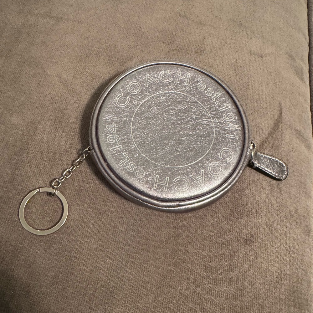 Coach Metallic Silver Round Change Pouch with Key Ring Like New